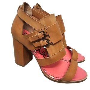 Kelsi Dagger Gina Belted Cut Out Leather Block Heel Sandals Brown Size 9